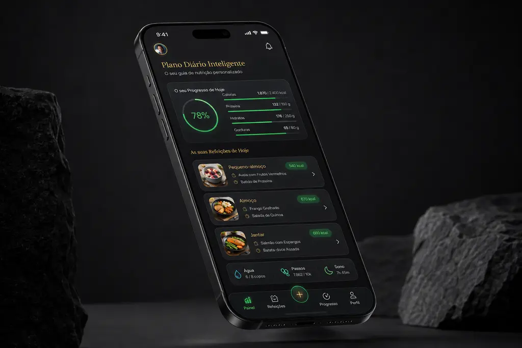 Mockup do Plano Diário Inteligente numa interface mobile premium em modo escuro
