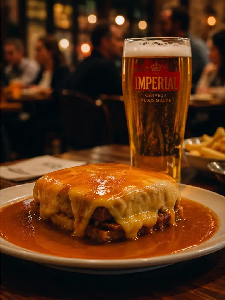 Francesinha gourmet e imperial fresca num restaurante acolhedor